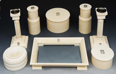 Lot 22 - A GOOD QUALITY 1930'S ART DECO IVORY DRESSING TABLE SET
