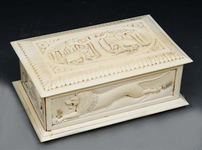 Lot 23 - A LATE 19TH/EARLY 20TH CENTURY INDIAN IVORY RECTANGULAR CASKET
