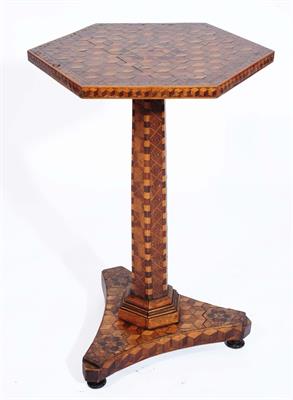 Lot 45 - AN EARLY VICTORIAN HEXAGONAL PARQUETRY OCCASIONAL TABLE with geometric and cubic inlaid decoration o