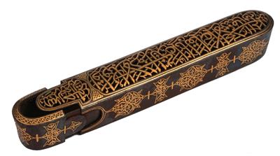Lot 53 - AN ISLAMIC IRON AND GOLD INLAID PEN BOX