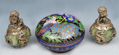 Lot 56 - AN ORIENTAL CLOISONNÉ CIRCULAR BOX AND COVER with polychrome enamel decoration