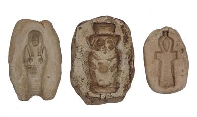 Lot 64 - THREE EGYPTIAN POTTERY SHABTI MOULDS