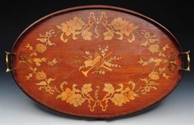 Lot 66 - AN EDWARDIAN MAHOGANY OVAL TEA TRAY with floral marquetry musical instrument and trailing flower dec