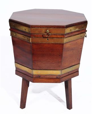 Lot 68 - A GEORGE III MAHOGANY AND BRASS BOUND OCTAGONAL WINE COOLER with lead lined interior