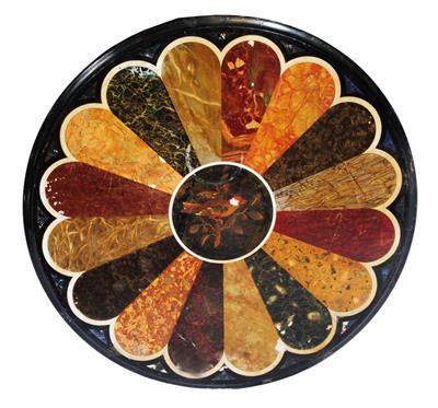 Lot 69 - A 19TH CENTURY ITALIAN SPECIMEN MARBLE AND PAINTED CIRCULAR TABLE TOP with fanned veneers