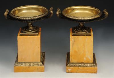 Lot 72 - A PAIR OF 19TH CENTURY ITALIAN BRONZE CAMPANA URNS of classical form on Sienna marble plinths and sq