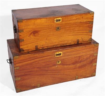 Lot 74 - A LATE 19TH CENTURY COLONIAL CAMPHORWOOD BRASS BOUND TRAVELLING TRUNK with hinged rising lid