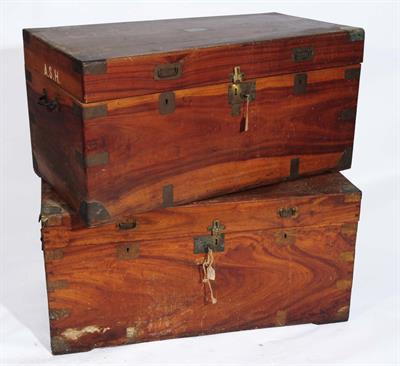 Lot 75 - A LATE 19TH CENTURY COLONIAL CAMPHORWOOD TRAVELLING TRUNK with inset brass handles