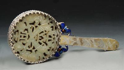 Lot 103 - A CHINESE WHITE JADE AND SILVER MOUNTED MIRROR with blue enamel bat ornament and tapering handle