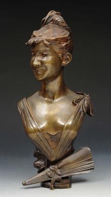 Lot 107 - A FRENCH BRONZE BUST of a Society girl with low cut dress and ribbon swag and fan ornament