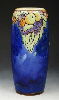 Lot 109 - A ROYAL DOULTON LAMBETH BLUE GLAZED TAPERING VASE with polychrome fruit decoration