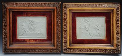 Lot 112 - A PAIR OF COPENHAGEN RECTANGULAR WHITE CERAMIC PLAQUES each depicting classical figure scenes with p