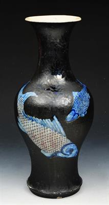 Lot 113 - A CHINESE BLACK GROUND PORCELAIN BALUSTER VASE decorated carp of four character mark to base