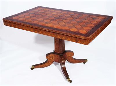 Lot 120 - A GEORGE IV AMBOYNA AND PARQUETRY SUPPER TABLE with alternating diamond veneers within a marquetry b
