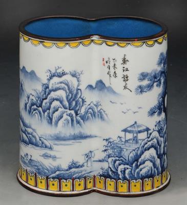 Lot 138 - A CHINESE CANTON ENAMEL DOUBLE BRUSH POT