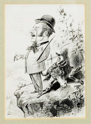 Lot 166 - A HUMOROUS PEN AND INK CARTOON printed with raging bull and figure at a cliff top