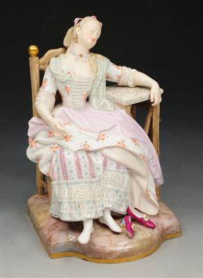 Lot 168 - A MEISSEN FIGURE modelled as a tired sleeping maiden seated on a chair having discarded her shoes an