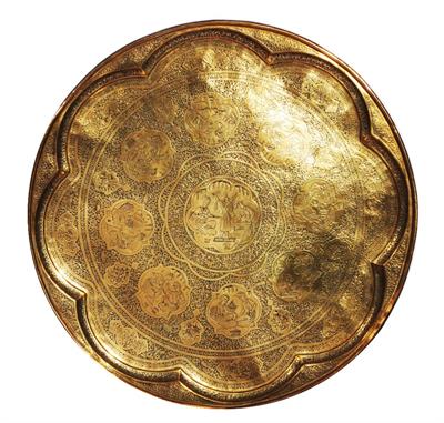 Lot 193 - A QAJAR ENGRAVED BRASS TRAY