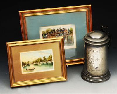Lot 208 - A VICTORIAN PEWTER LIDDED TANKARD engraved for 'Worcester College Scratch Four Rowing Team 1859'