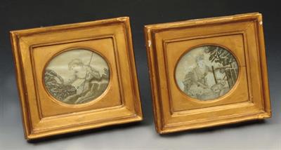 Lot 211 - A PAIR OF GEORGIAN OVAL HAIR WORK PICTURES of lambs and shepherdess