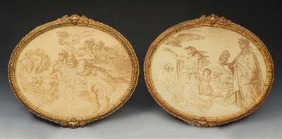Lot 212 - A PAIR OF 19TH CENTURY OVAL PRINTS of classical scenes in ornate gilt frames