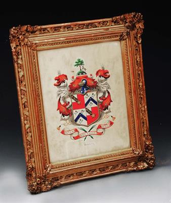 Lot 213 - A 19TH CENTURY HERALDIC WATERCOLOUR bearing armorial of the Codling Family in gilt gesso frame