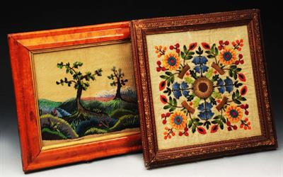 Lot 215 - TWO 19TH CENTURY CREWEL WORK PICTURES TO INCLUDE a landscape in a bird's eye maple frame and a mille