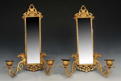 Lot 216 - A PAIR OF GILT METAL GIRANDOLE MIRRORS with mythical beasts