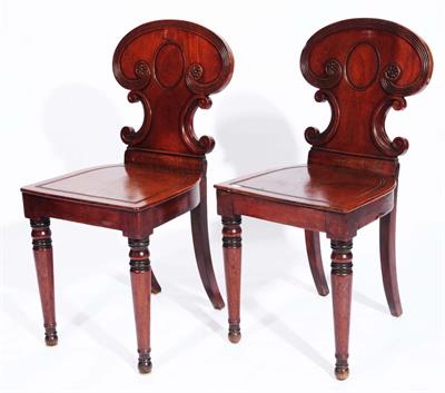 Lot 221 - A PAIR OF EARLY 19TH CENTURY MAHOGANY HALL CHAIRS
