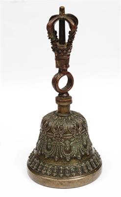 Lot 235 - A TIBETAN GHANTA RITUAL BELL with script inscription on the inner surface of the bell