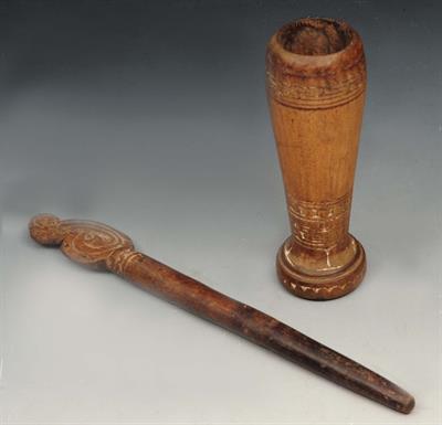Lot 242 - A TROBRIAND MASSIM NEW GUINEA WOODEN BETEL NUT MORTAR AND PESTLE