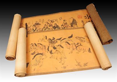 Lot 274 - A PAIR OF OLD CHINESE PRINTED SCROLLS each telling a continuing story