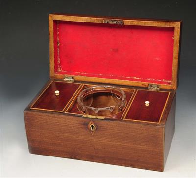 Lot 278 - A GEORGE III MAHOGANY TEA CADDY with ring handle