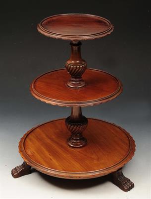 Lot 281 - AN EDWARDIAN MAHOGANY MINIATURE DUMB WAITER of graduated three tier form with baluster column and cl