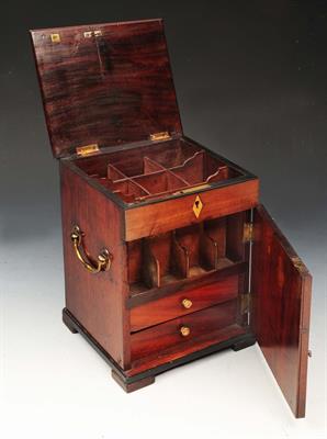 Lot 282 - A VICTORIAN MAHOGANY APOTHECARY'S CABINET with six bottle compartments enclosed by hinged rising lid