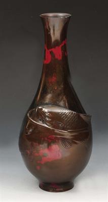 Lot 288 - A JAPANESE BRONZE BALUSTER VASE with rose decoration of carp