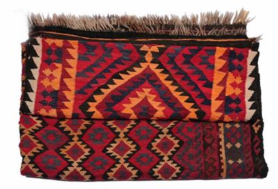 Lot 310A - TWO OLD MIDDLE EASTERN KELIMS with multi-coloured and banded geometric decoration (2)