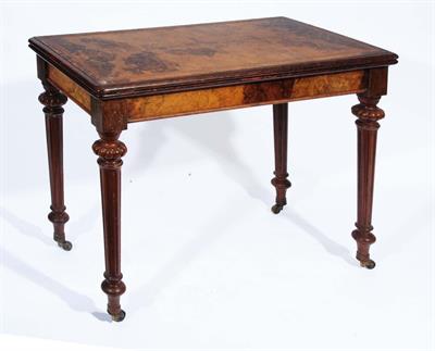 Lot 315 - A 19TH CENTURY FRENCH FIGURED WALNUT RECTANGULAR FOLD OVER CARD TABLE having a green baize playing s