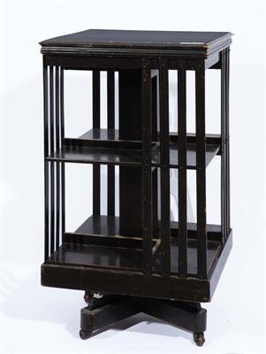 Lot 318 - A LATE 19TH CENTURY STAINED WOOD SQUARE REVOLVING THREE TIER BOOKCASE with slatted sides