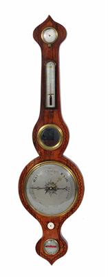 Lot 323 - A VICTORIAN PAINTED MAHOGANY 'ONION TOP' WHEEL BAROMETER with hygrometer thermometer