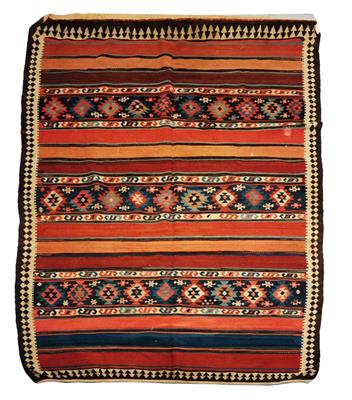 Lot 329 - AN ANTIQUE QASHGAI KELIM with brick red banding alternating with a blue ground geometric design