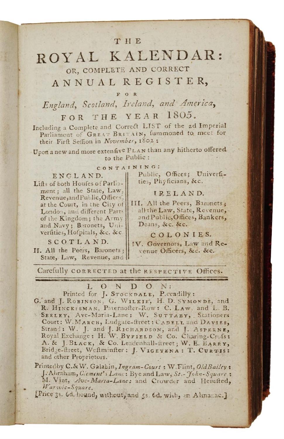 Lot 342 - The Royal Kalendar 1805 printed by J STOCKDALE