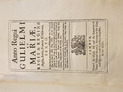 Lot 354 - A William and Mary Statute book dated 1694 and relating to an Act of Parliament granting a Subsidiar