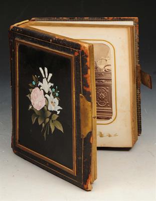 Lot 596 - A LATE VICTORIAN FORTESQUE/FITZGERALD FAMILY PHOTOGRAPH ALBUM in a florentine pietra dura and tooled
