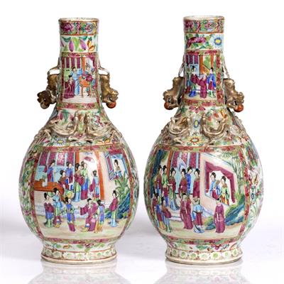 Lot 52 - A pair of Chinese Canton bottle vases