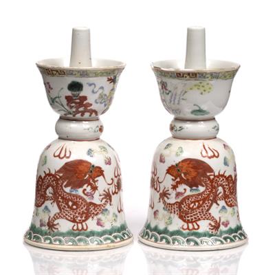 Lot 75 - A pair of Chinese porcelain inverted candle holders