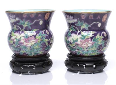 Lot 97 - A pair of Chinese Dowager Duchess style Hu shaped beaker vases