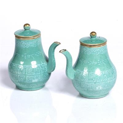 Lot 167 - A pair of Chinese turquoise wine pots and covers