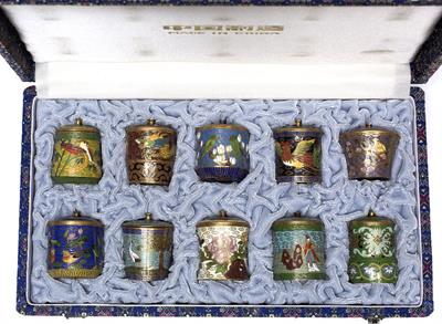 Lot 176 - A set of ten Chinese cloisonne miniature pots and covers