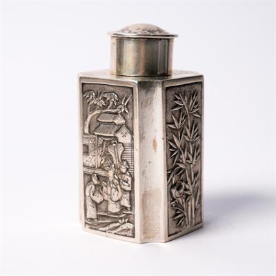 Lot 232 - A Chinese white metal tea canister